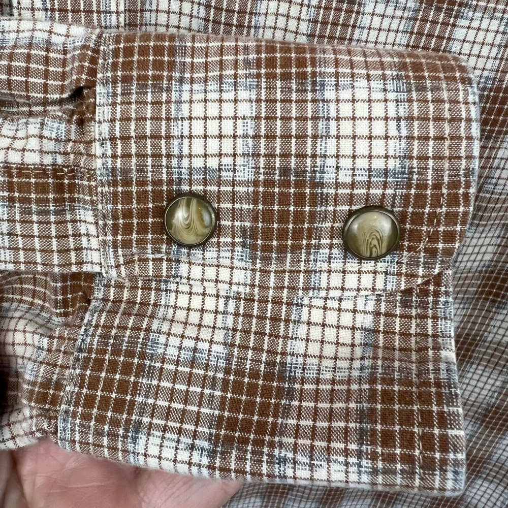 Wrangler Retro Premium Mens Brown Plaid Tiger Eye Pearl Snap Flip Cuff Shirt L - Picture 5 of 10